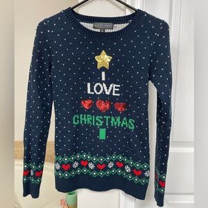 Women's Navy "I love Christmas" sweater with sequins.  XS Ugly Christmas Sweater